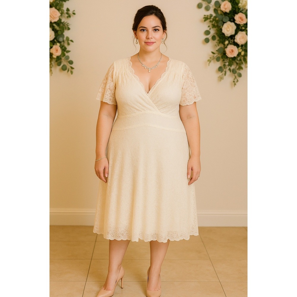 Ivory Lace Wedding Holiday 2X/3X Dress V Neck Empire Waist Elbow‎ Flutter Sleeve